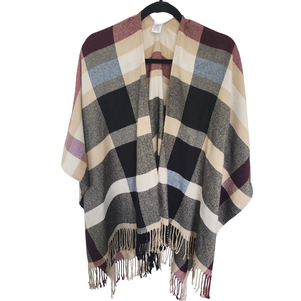 Unbranded Plaid Poncho Wrap Tan Black Burgundy Fringe Open Front One Size